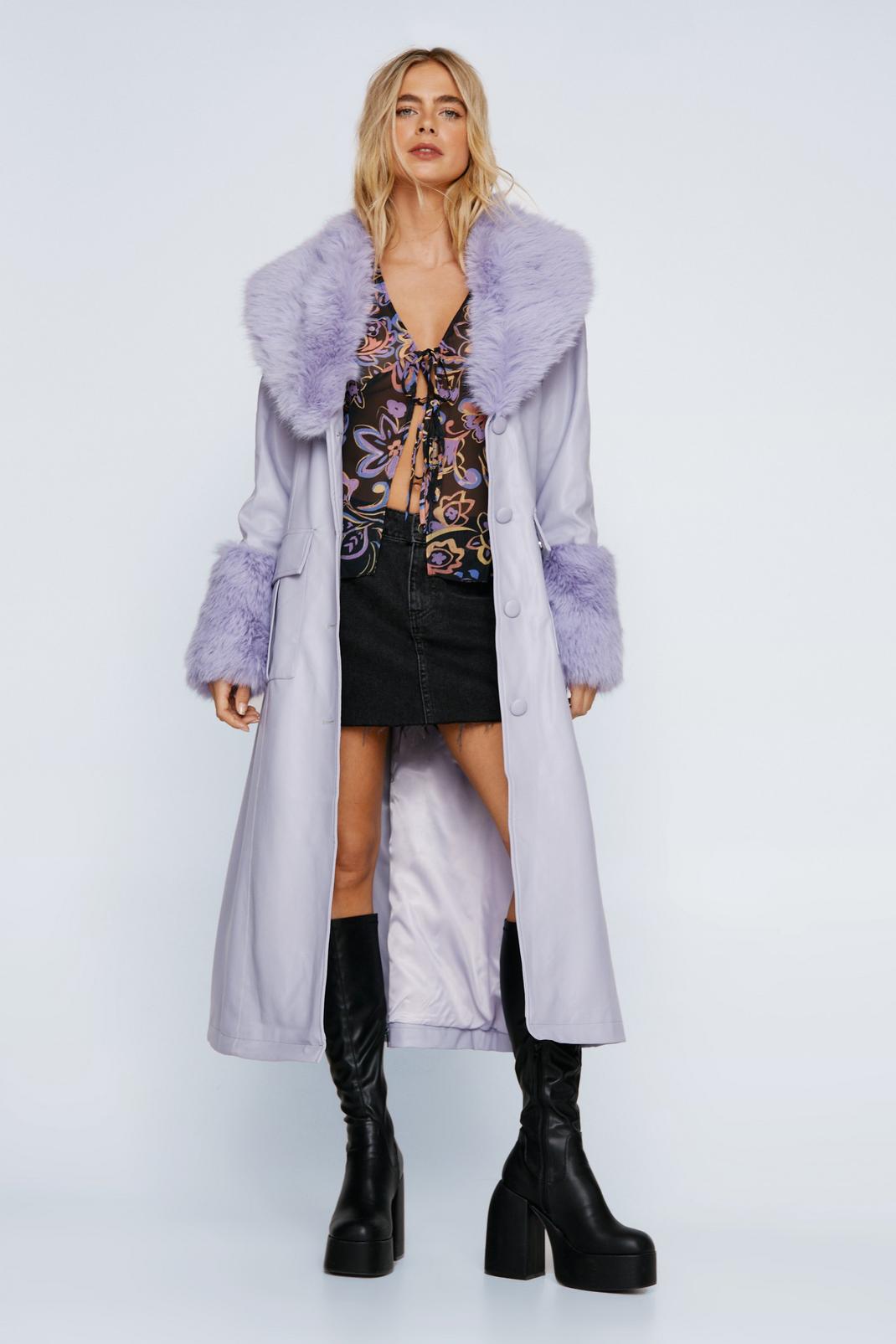 Lilac Fur Trim Belted Faux Leather Coat image number 1