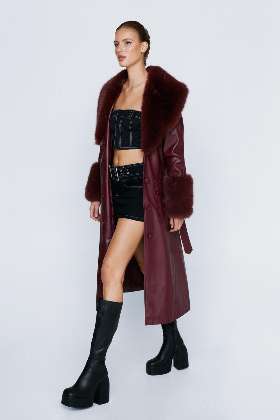 Fur Trim Belted Faux Leather Coat