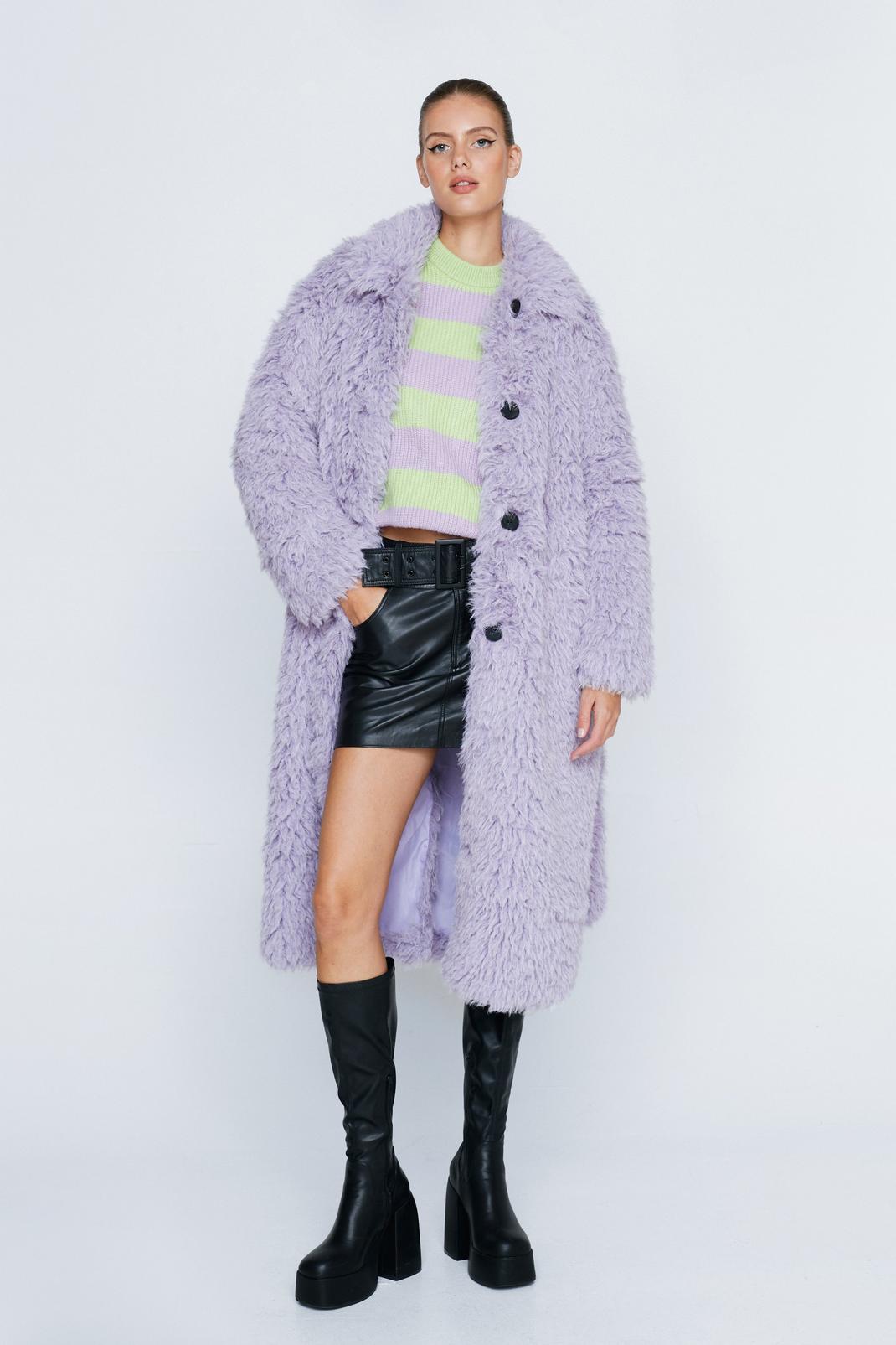 Lilac Premium Faux Fur Longline Belted Coat image number 1