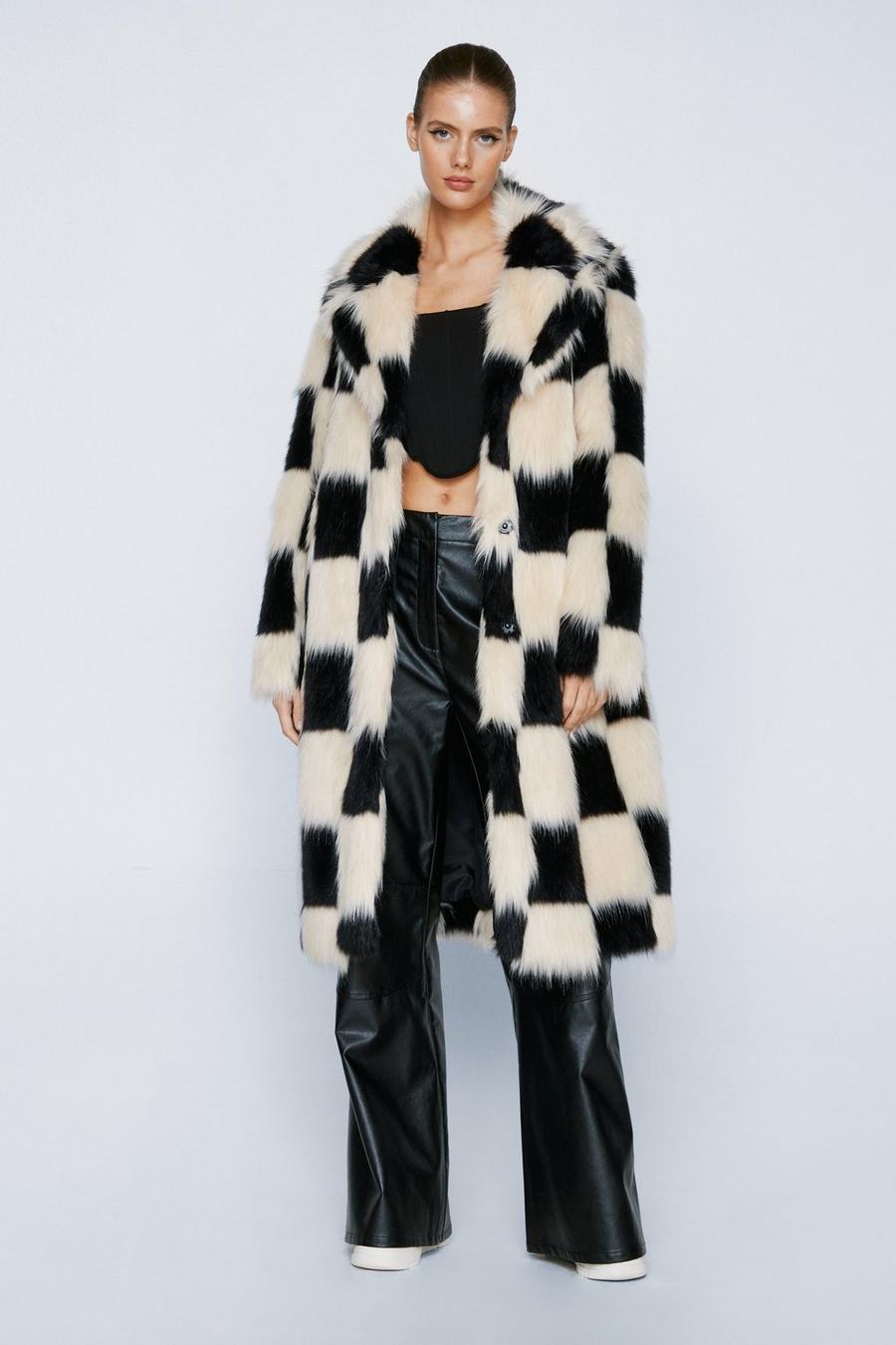 Premium Checkerboard Faux Fur Longline Coat