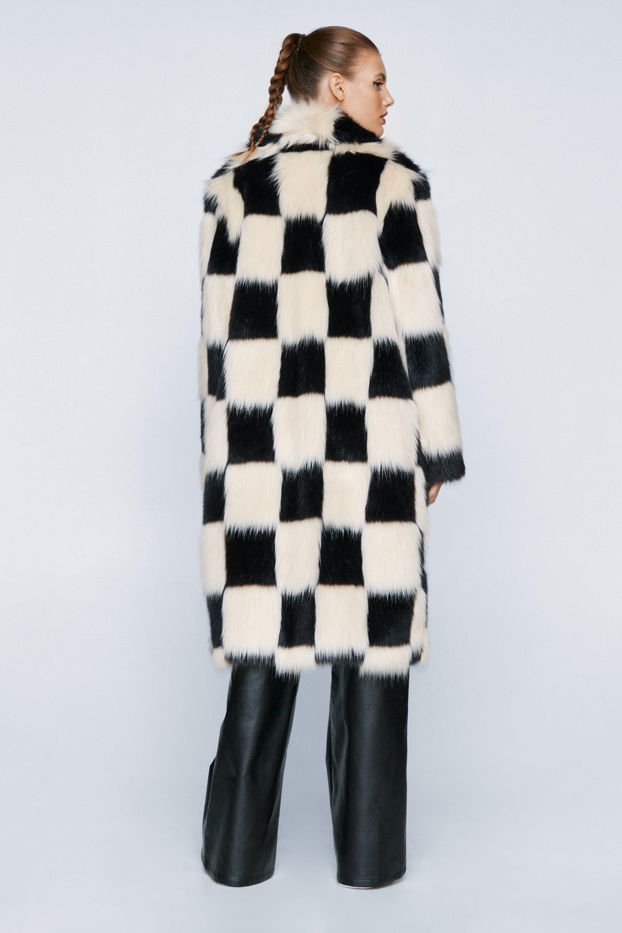 Checkerboard faux fur coat hotsell