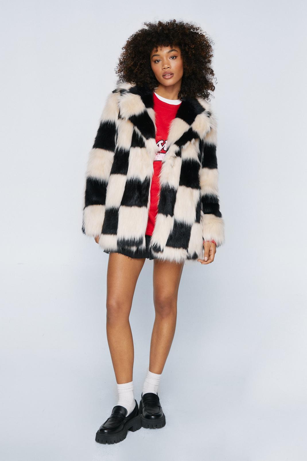 Mono Checkerboard Faux Fur Coat image number 1