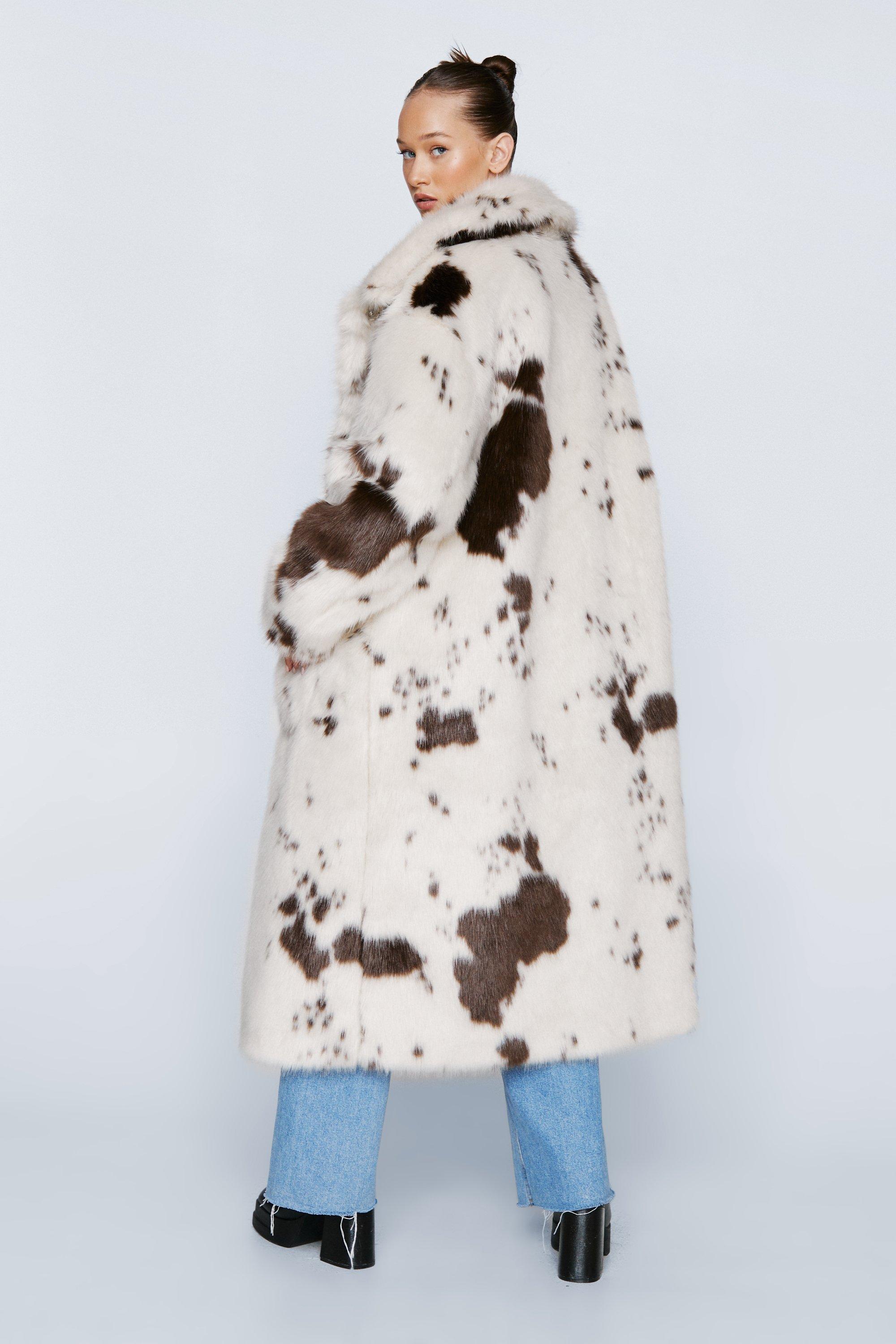 Cow print faux fur coat sale