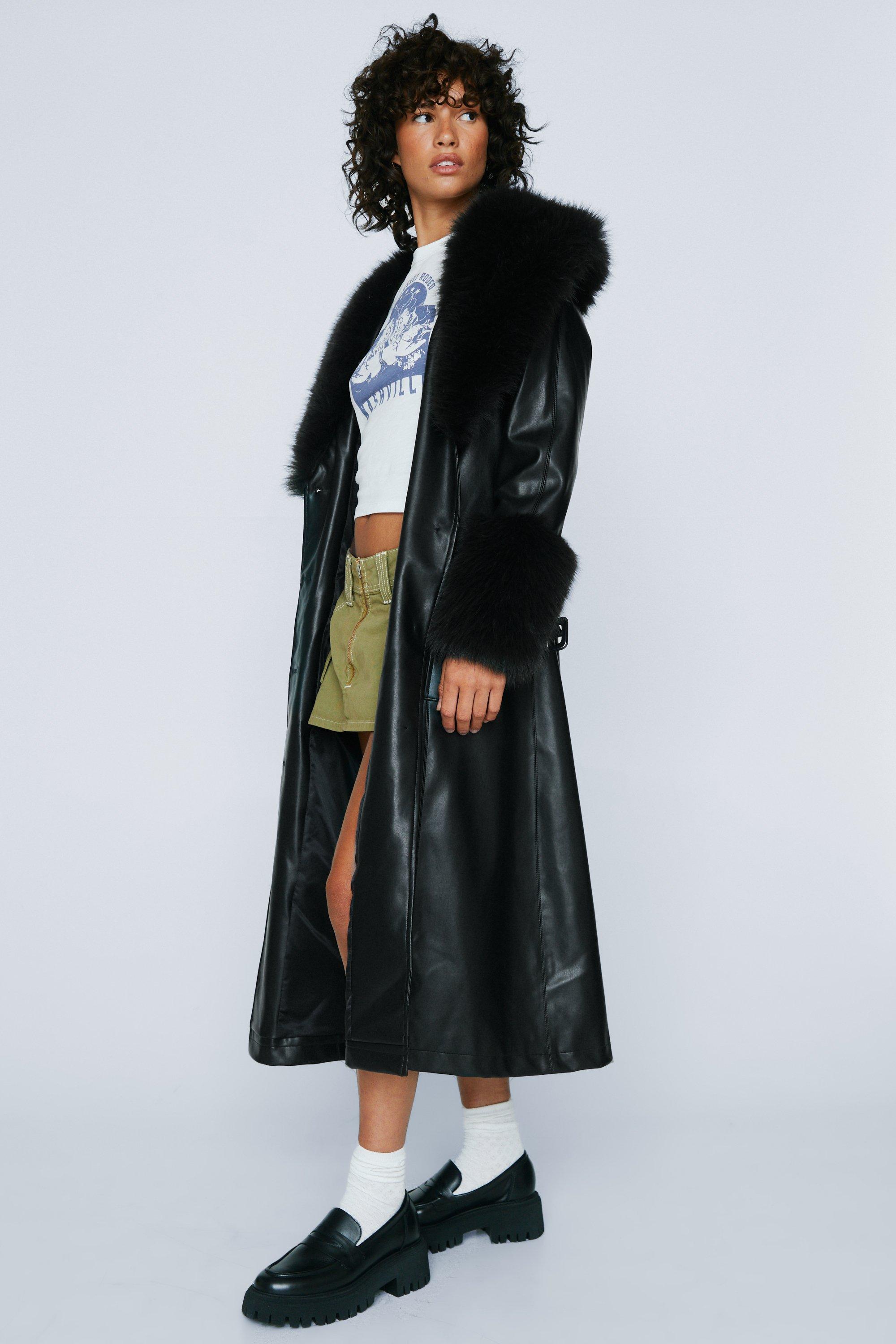 Petite Fur Trim Belted Faux Leather Coat