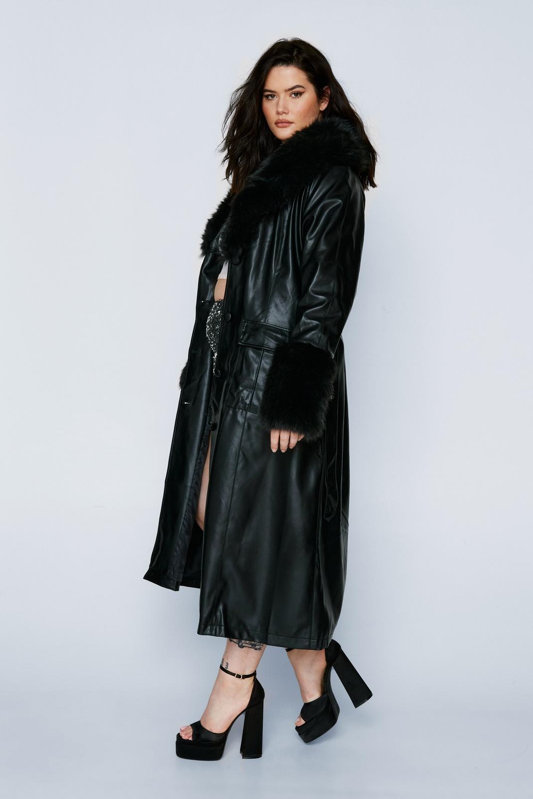 Black Plus Size Plush Fur Trim Belted Faux Leather Coat image number 1