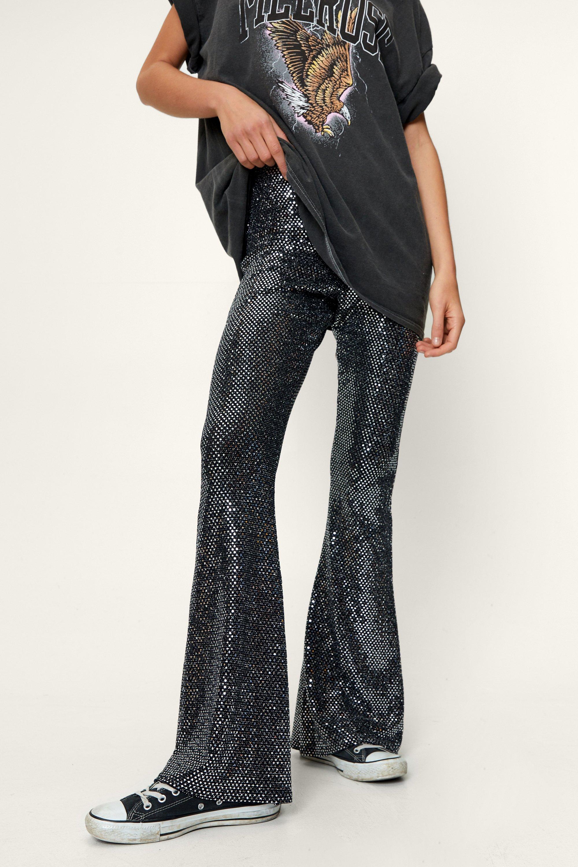  Disco Goth Sparkle Sequin Dressy Flare Pants for Women