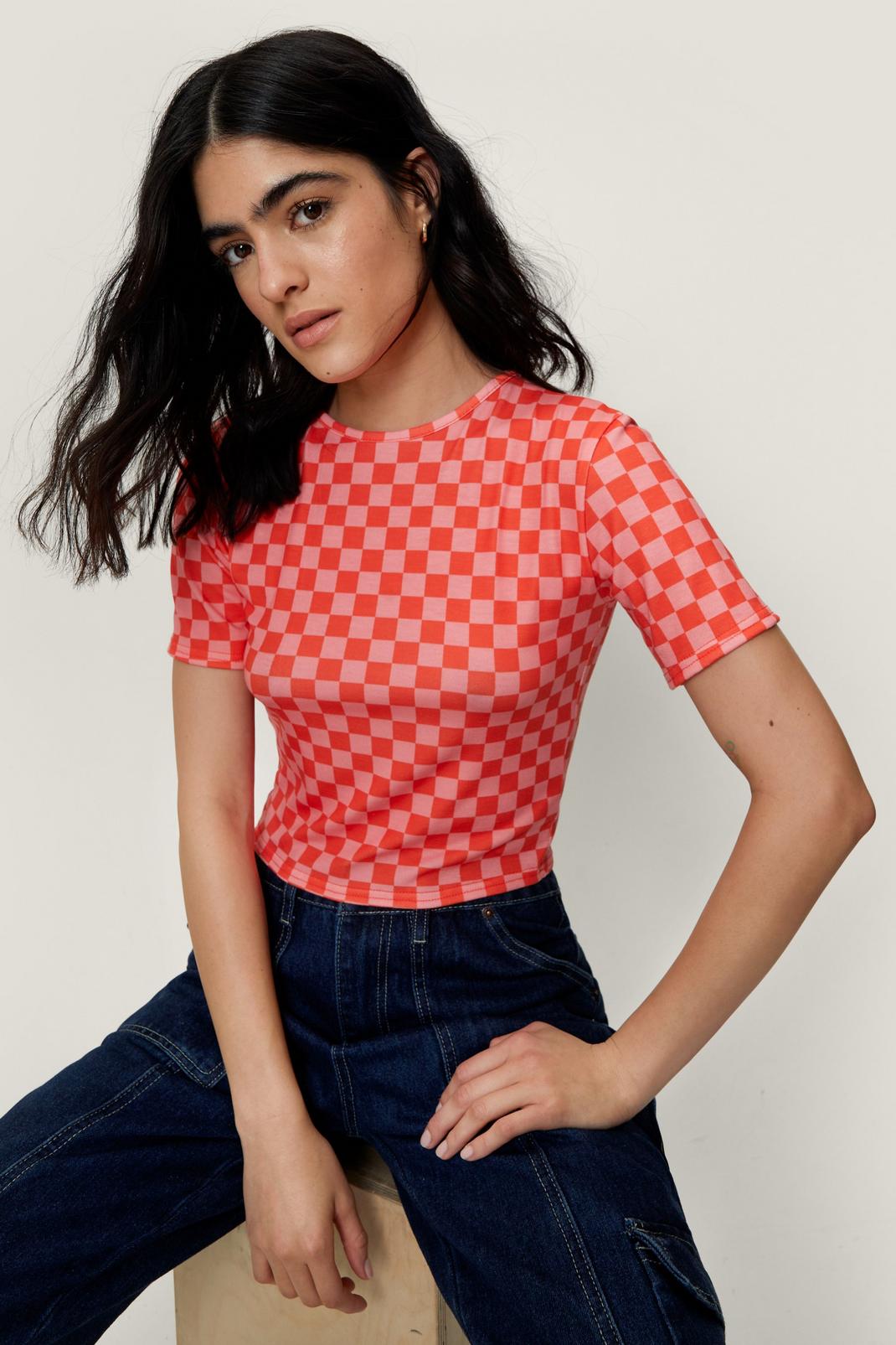 Pink Checkerboard Cropped Short Sleeve Top image number 1