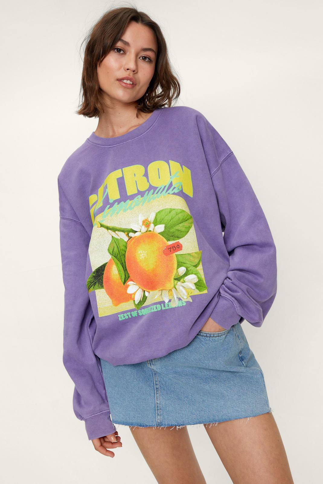 Purple Lemon Print Oversized Washed Graphic Sweatshirt image number 1