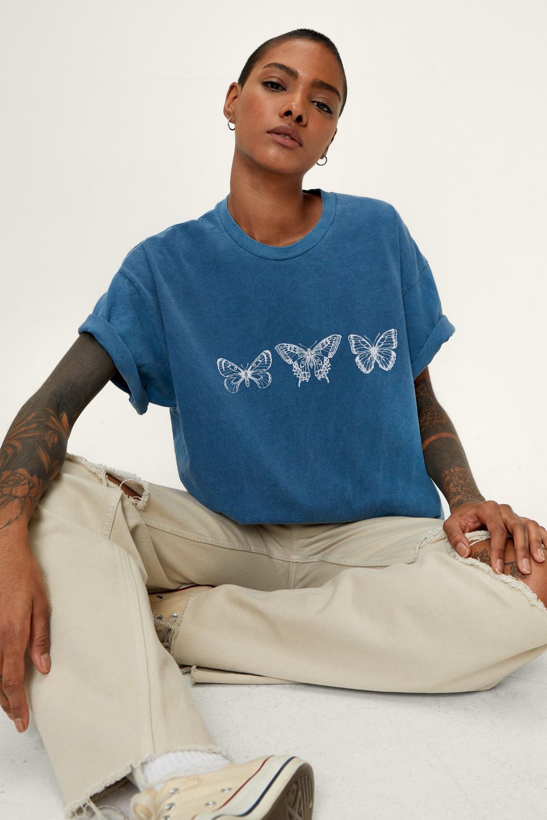 Teal Washed Oversized Graphic Butterfly T-Shirt image number 1