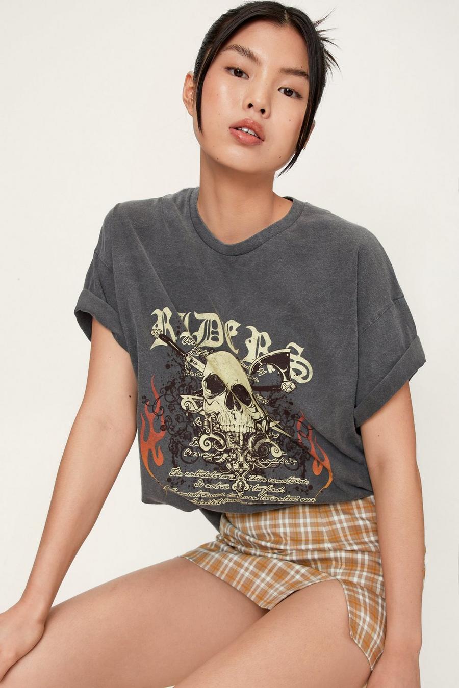 Skull Flame Oversized Washed Graphic T-Shirt