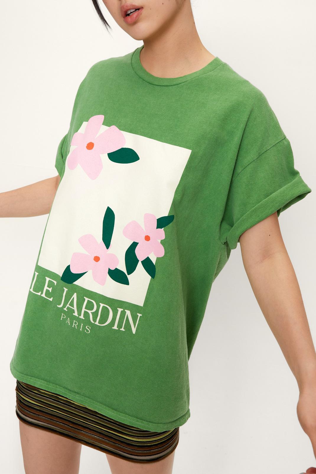 Green Paris Floral Oversized Washed Graphic T-Shirt image number 1