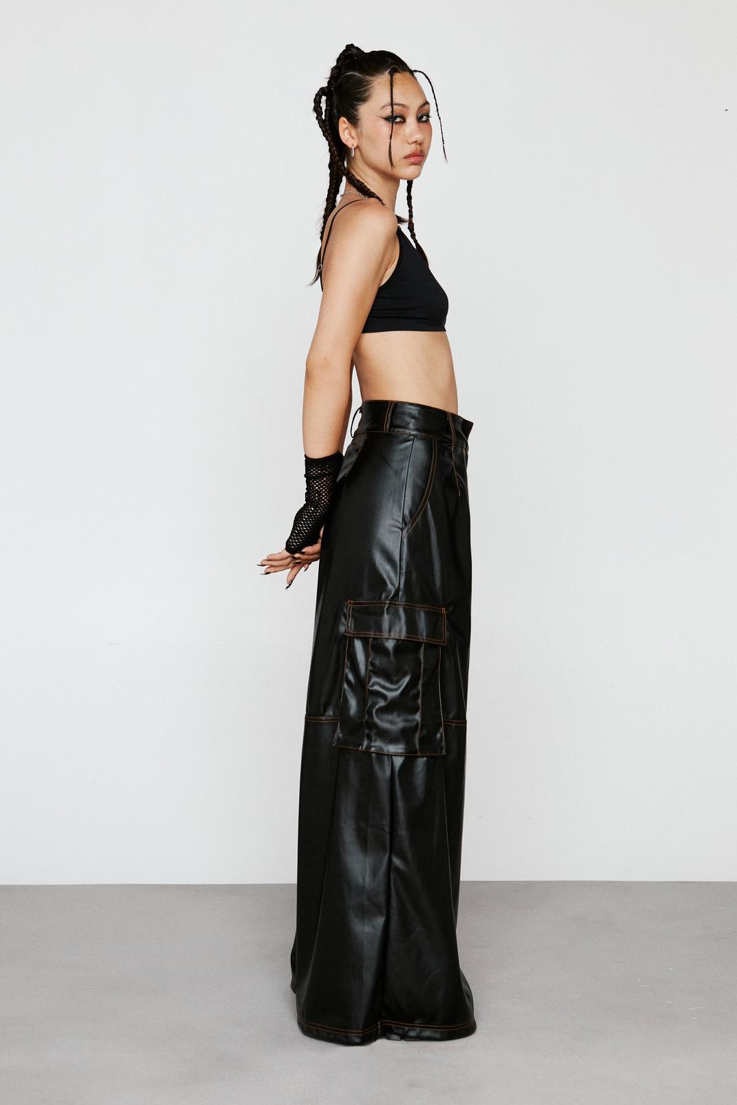 Faux Leather Wide Leg Cargo Pants image number 1