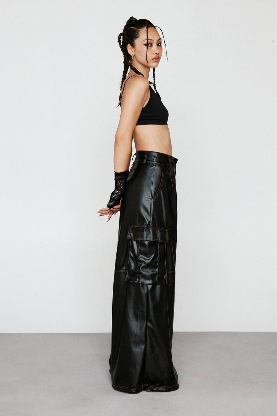 Faux Leather Wide Leg Utility Trousers
