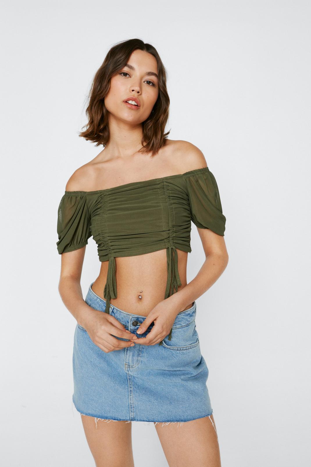 Green Ruched Detail Puff Sleeve Crop Top image number 1