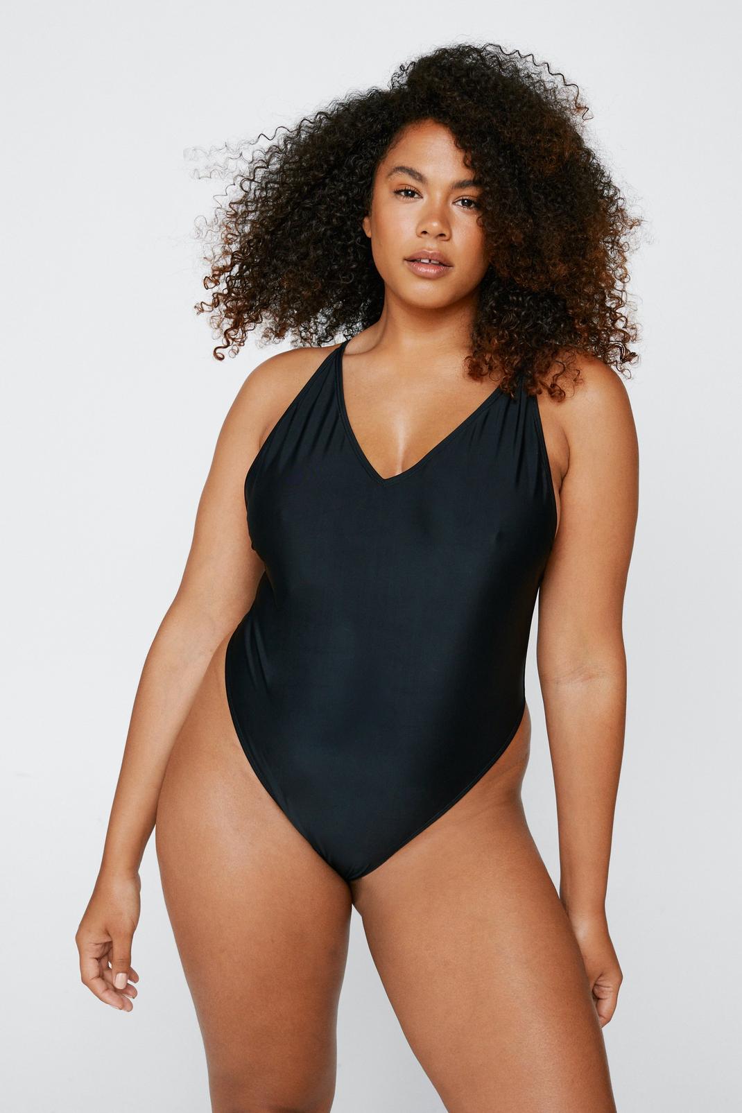 Black Plus Size Recycled Scoop Back High Leg Swimsuit image number 1