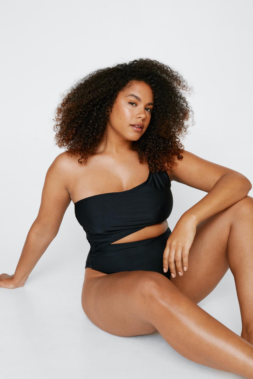 Black Plus Size Recycled One Shoulder Cut Out Swimsuit image number 1