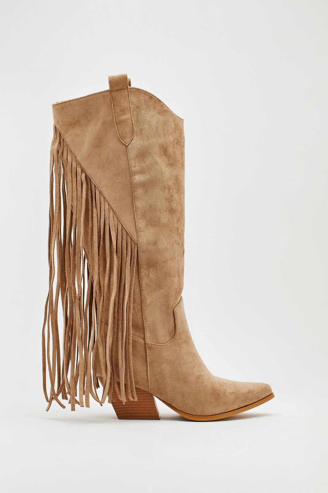 Khaki Faux Suede Tassel Knee High Boots image number 1