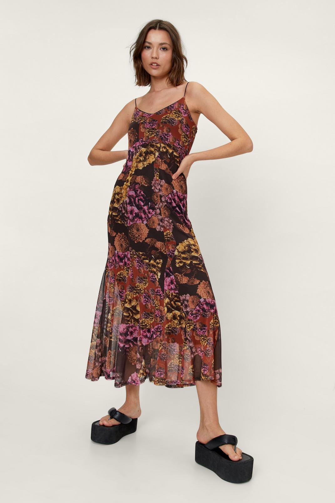Purple Floral Mesh Strappy Godet Slip Midi Dress image number 1