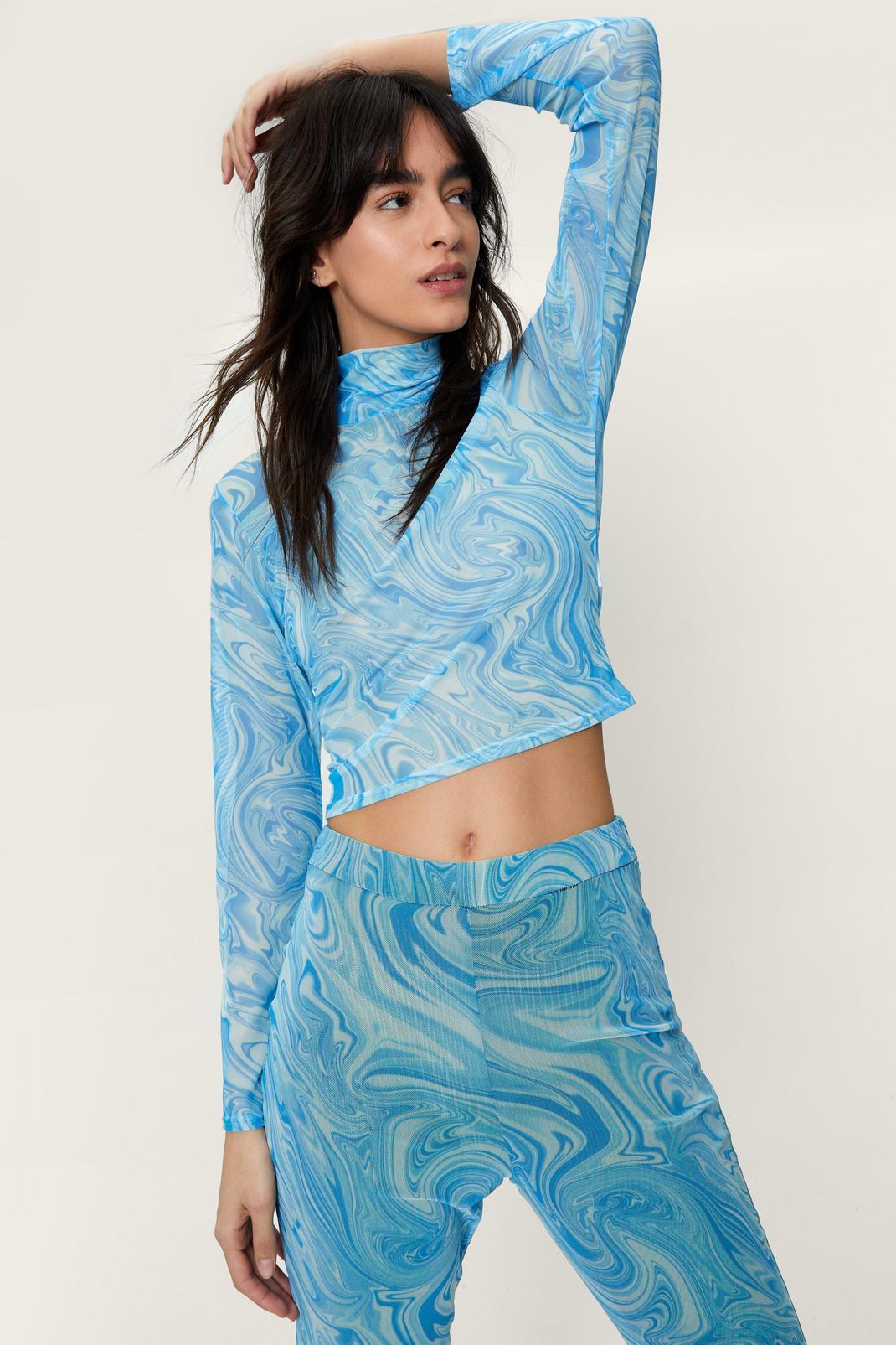 Blue Swirling Marble Print Mesh Cropped Top image number 1