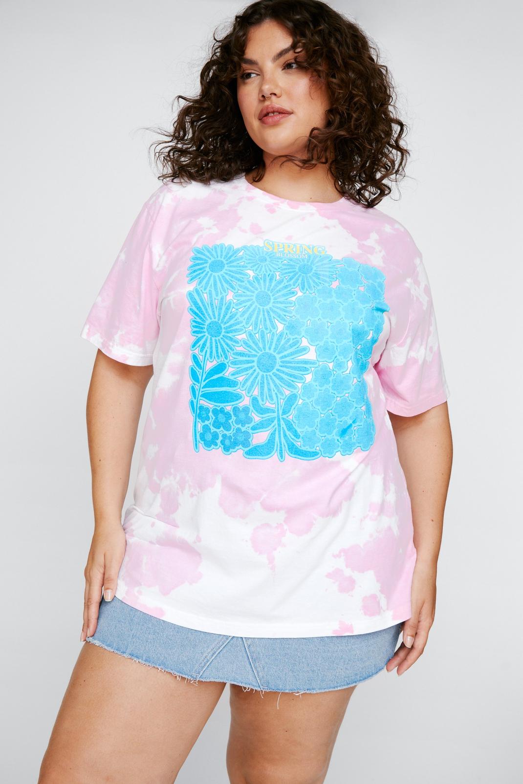 Pink Plus Size Spring Blossom Tie-dye T-shirt image number 1
