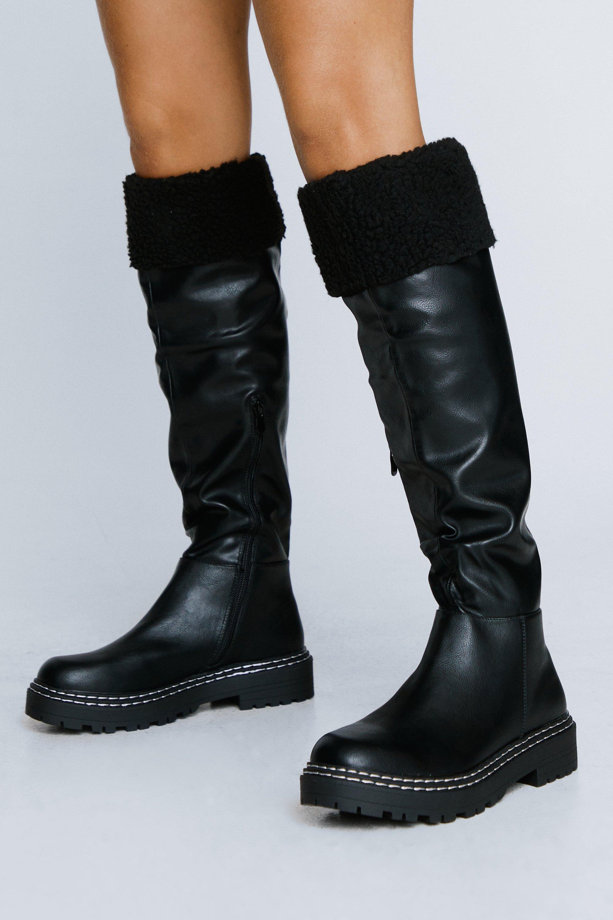 Faux Shearling Contrast Stitch Knee High Boots