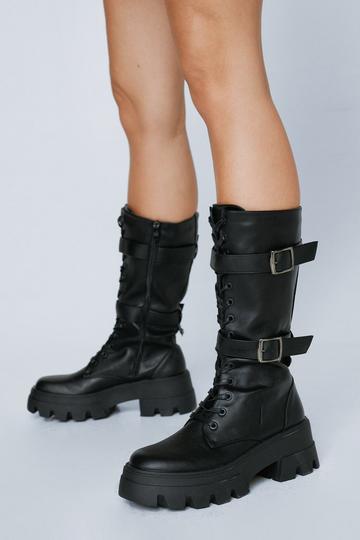 Black Faux Leather Lace Up Buckle Detail Boot
