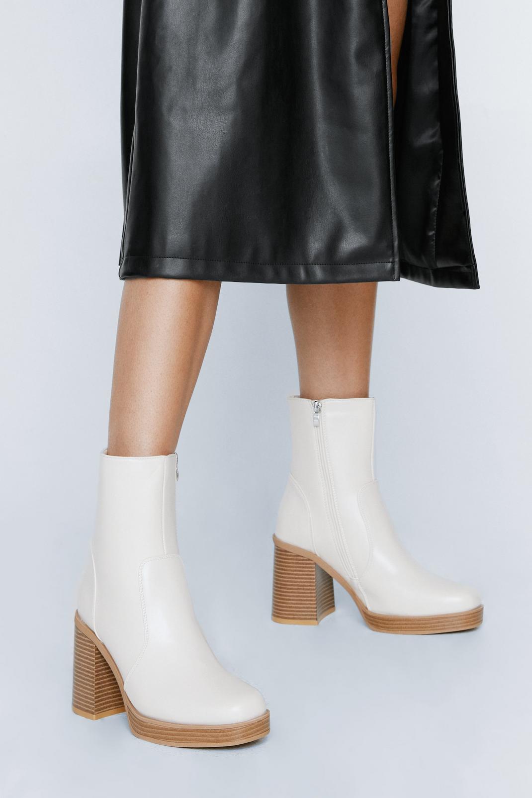 Ecru Faux Leather Platform Ankle Boots  image number 1