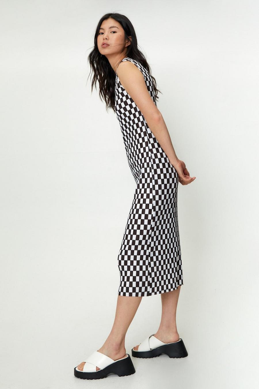 Abstract Check Plisse Column Dress