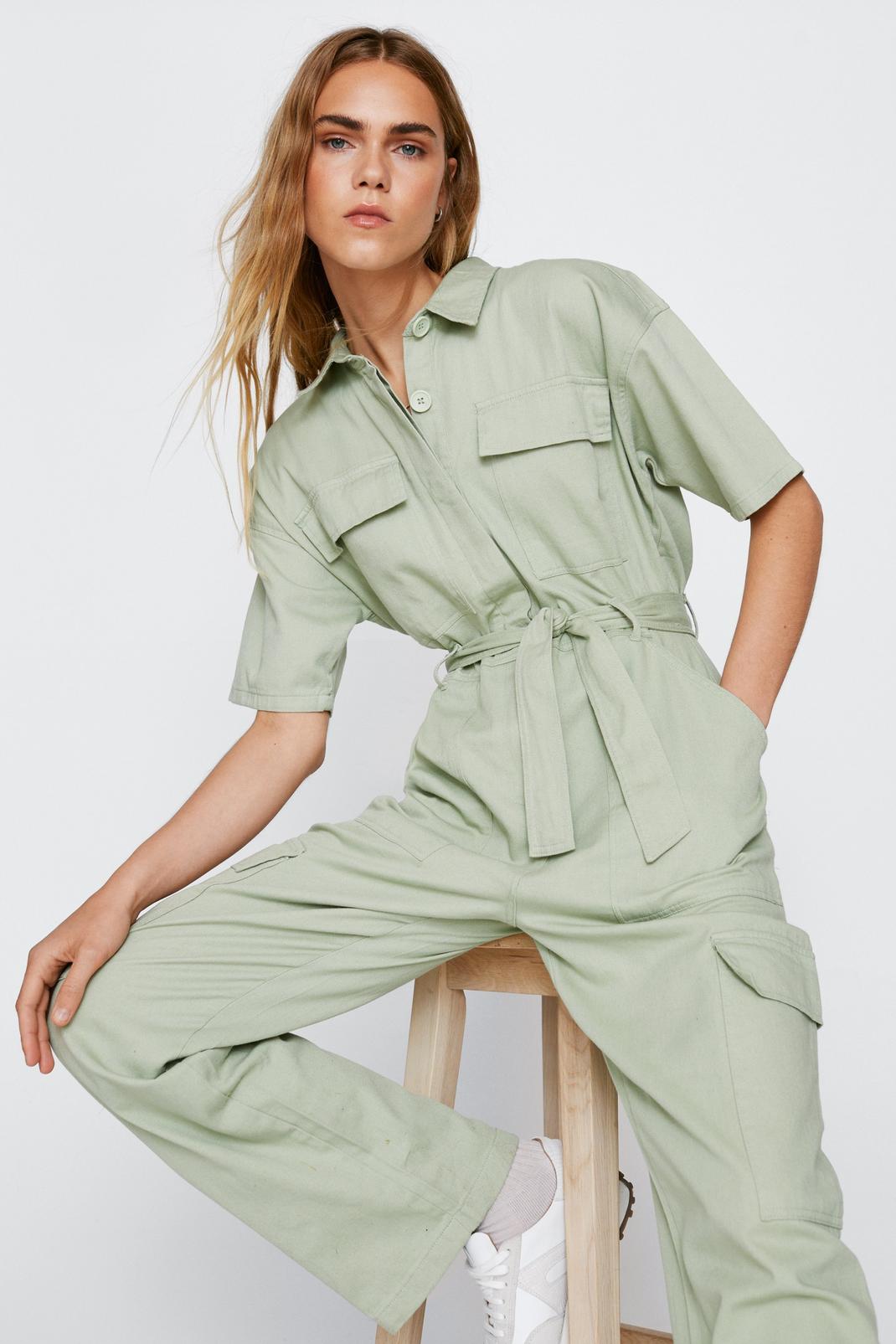 Short Sleeve Twill Belted Utility Jumpsuit | Nasty Gal