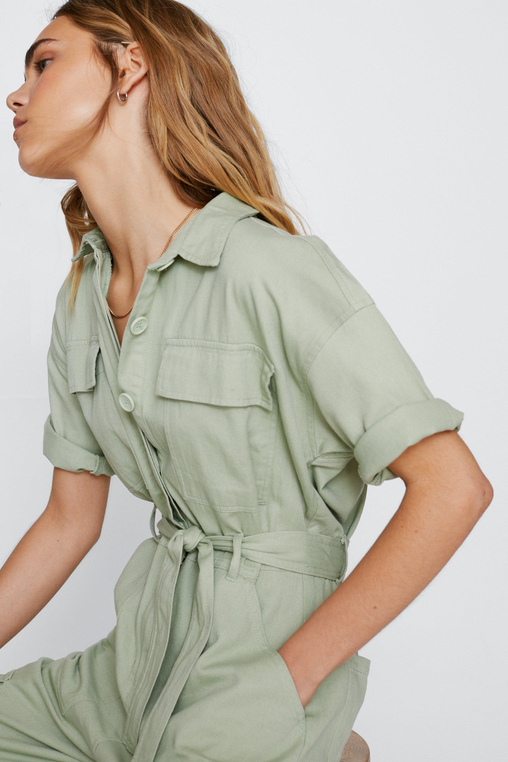 Short Sleeve Twill Belted Cargo Jumpsuit