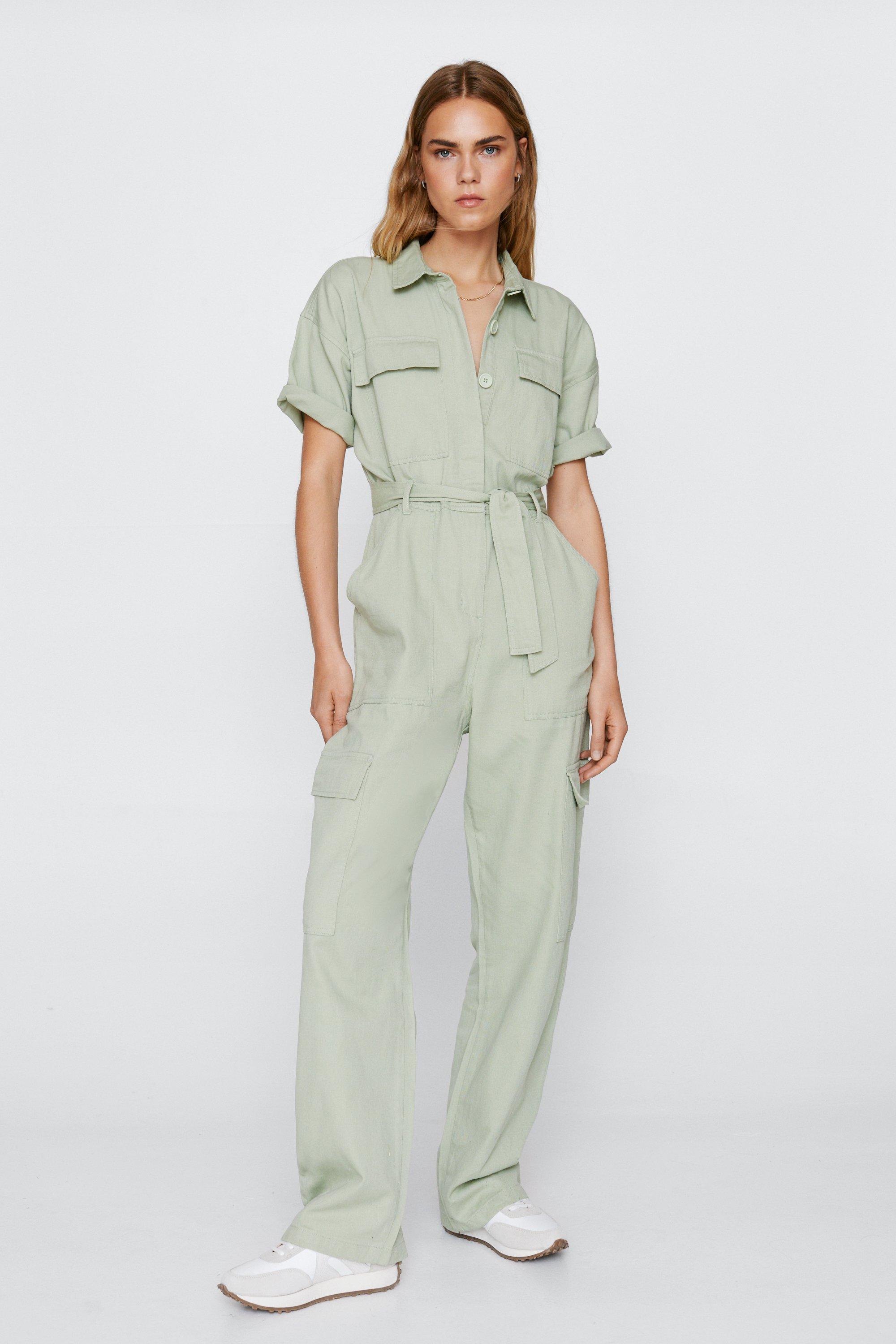 Petite Twill Belted Utility Jumpsuit