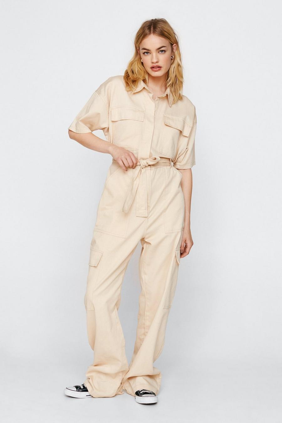 Short Sleeve Twill Belted Utility Jumpsuit
