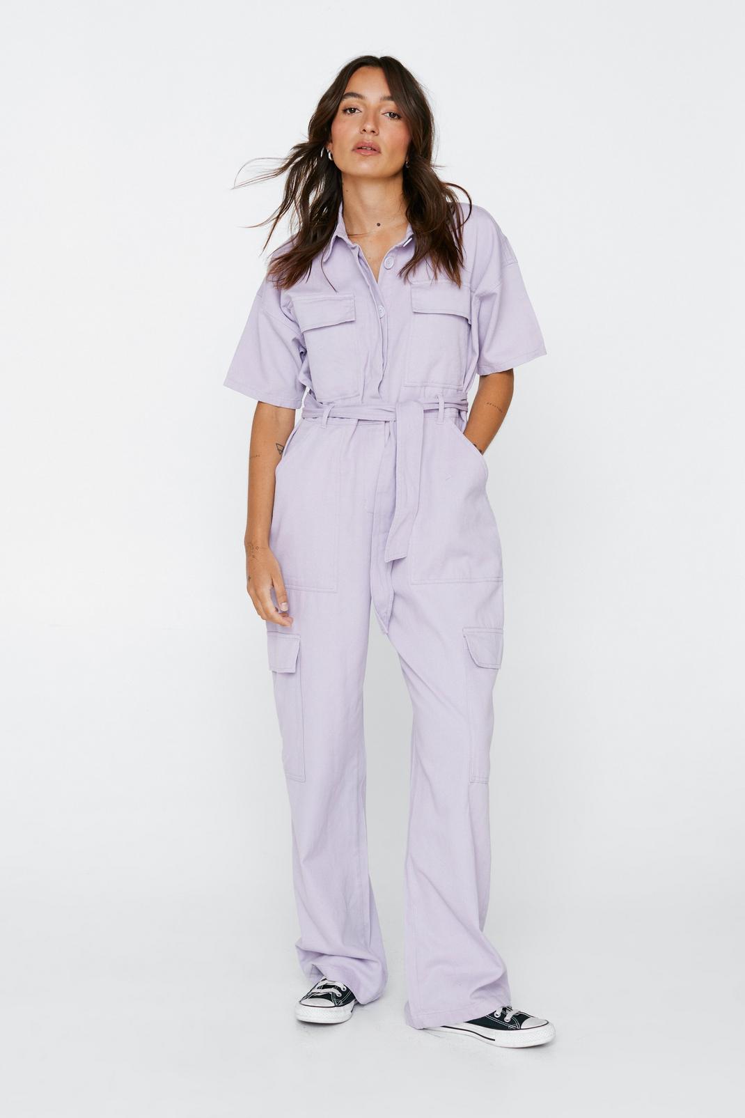Lilac Petite Twill Belted Utility Jumpsuit image number 1