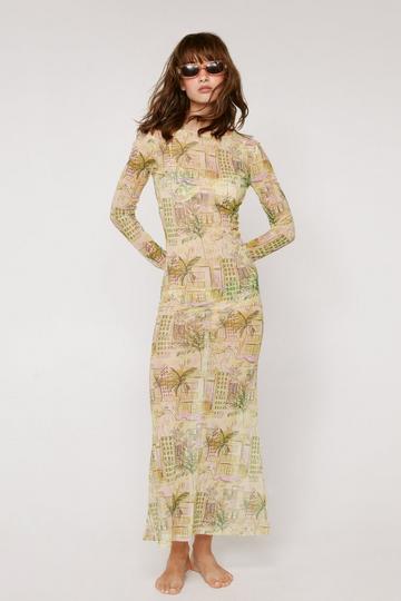 Landscape Print Mesh Long Sleeve Maxi Dress lemon