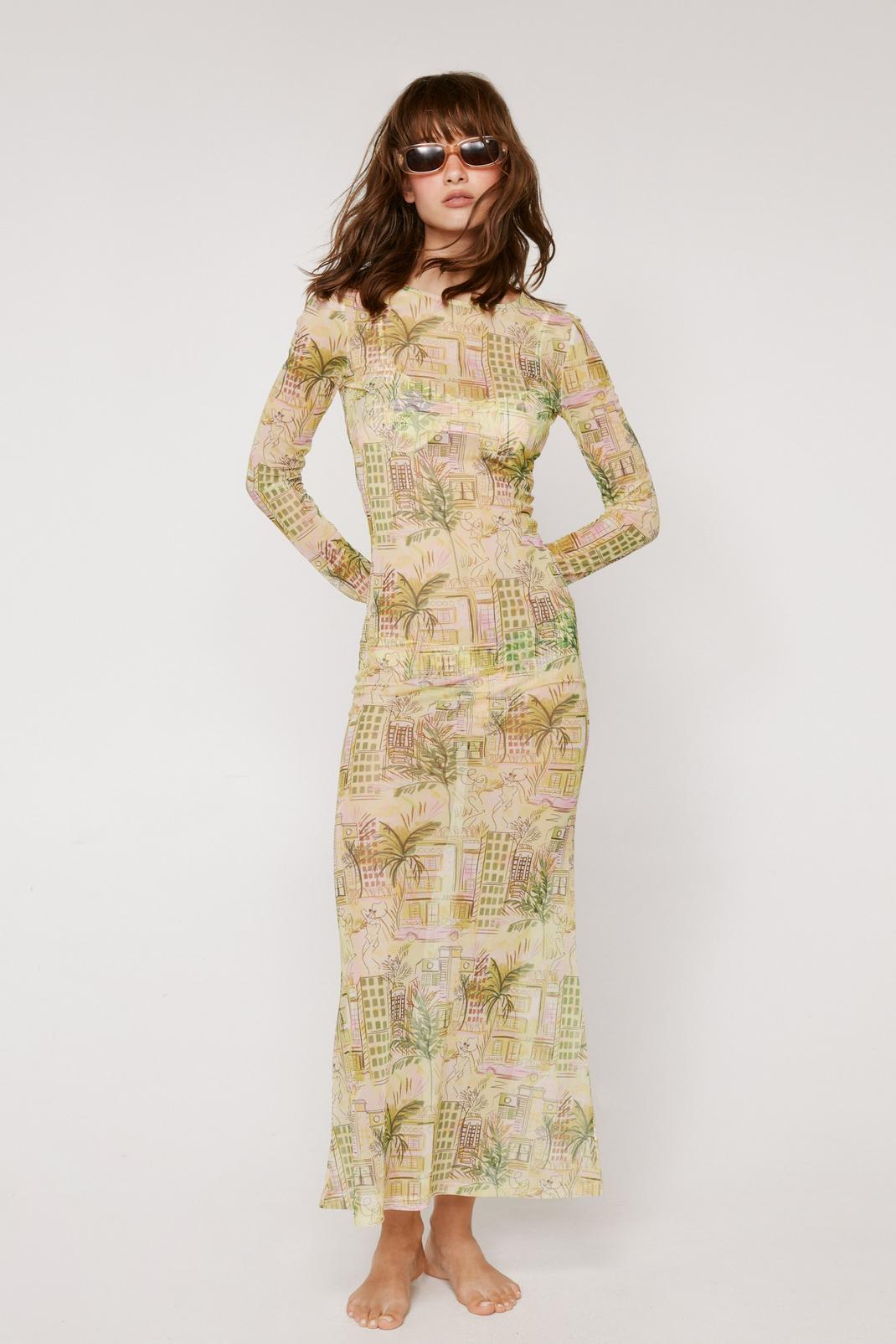 Lemon Landscape Print Mesh Long Sleeve Maxi Dress image number 1