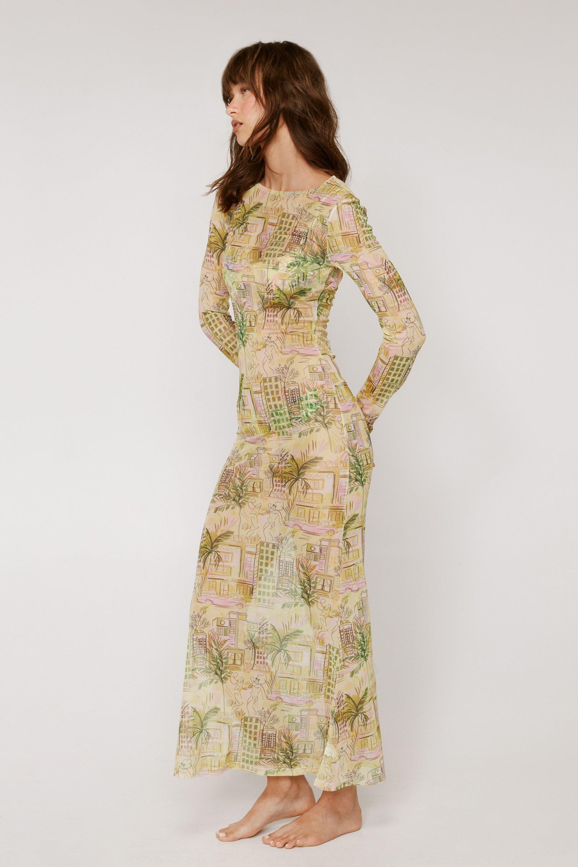 Landscape Print Mesh Long Sleeve Maxi Dress