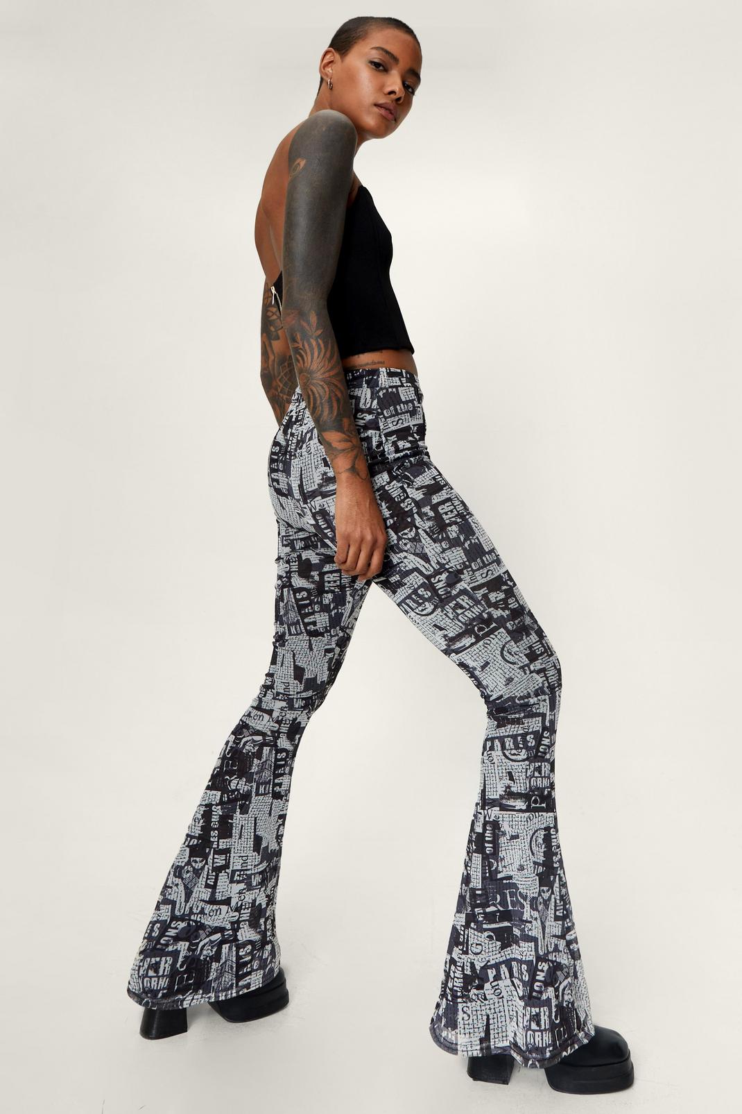Newspaper Print High Waisted Mesh Flared Pants image number 1