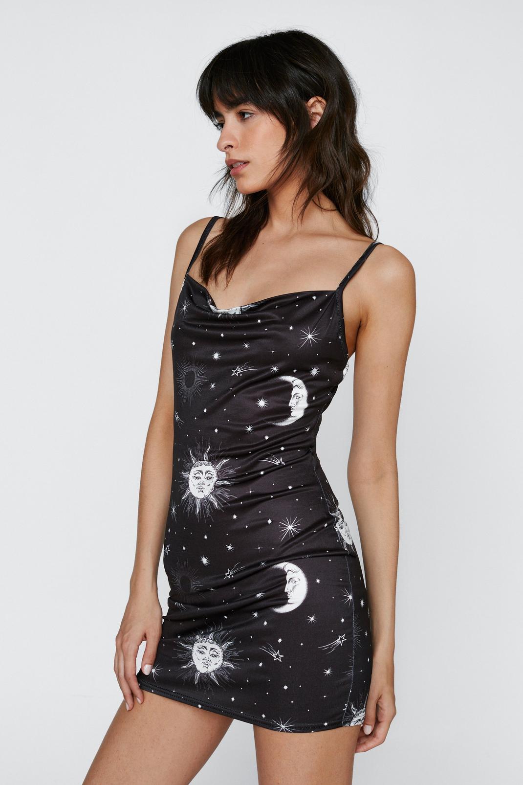 Mini robe recyclée à bretelles à imprimé galaxie, Black image number 1