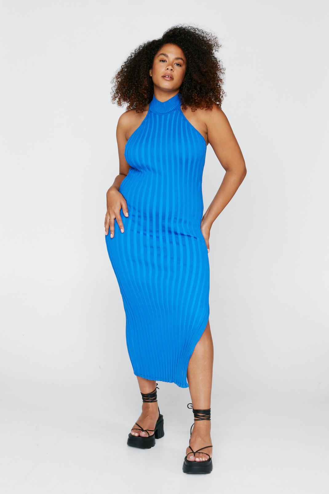 Blue Plus Size Halter Ribbed Midi Dress image number 1