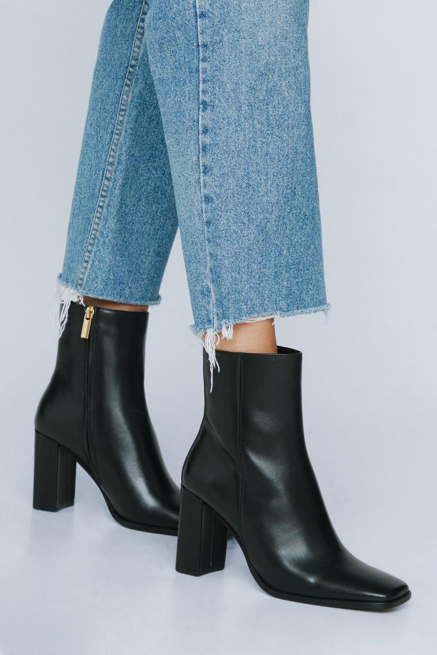 Square Toe Heeled Leather Ankle Boots