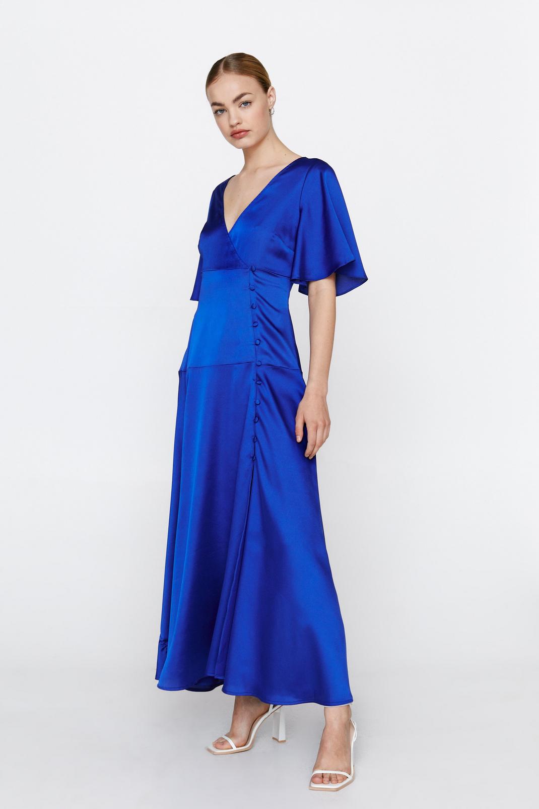 Blue Satin Angel Sleeve Button Side Maxi Dress image number 1