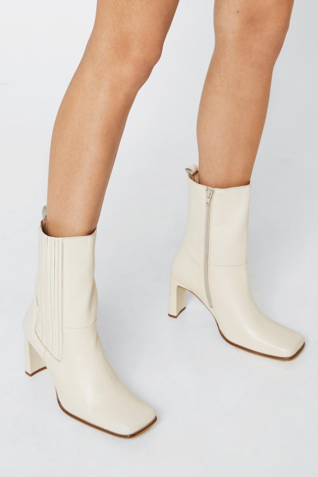 Beige Leather Square Toe Chelsea Boots image number 1