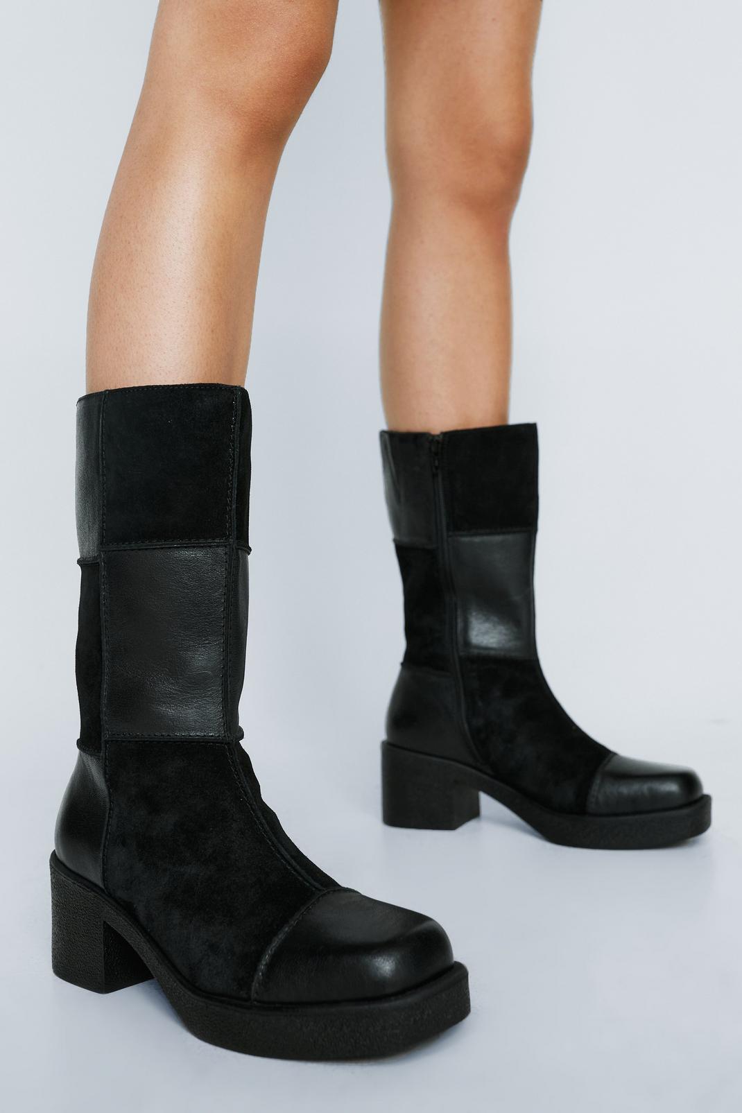 Black Leather And Suede Patchwork Boots image number 1