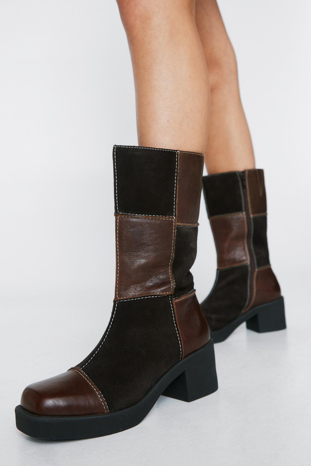 Brown Leather and Suede Patchwork Boots image number 1