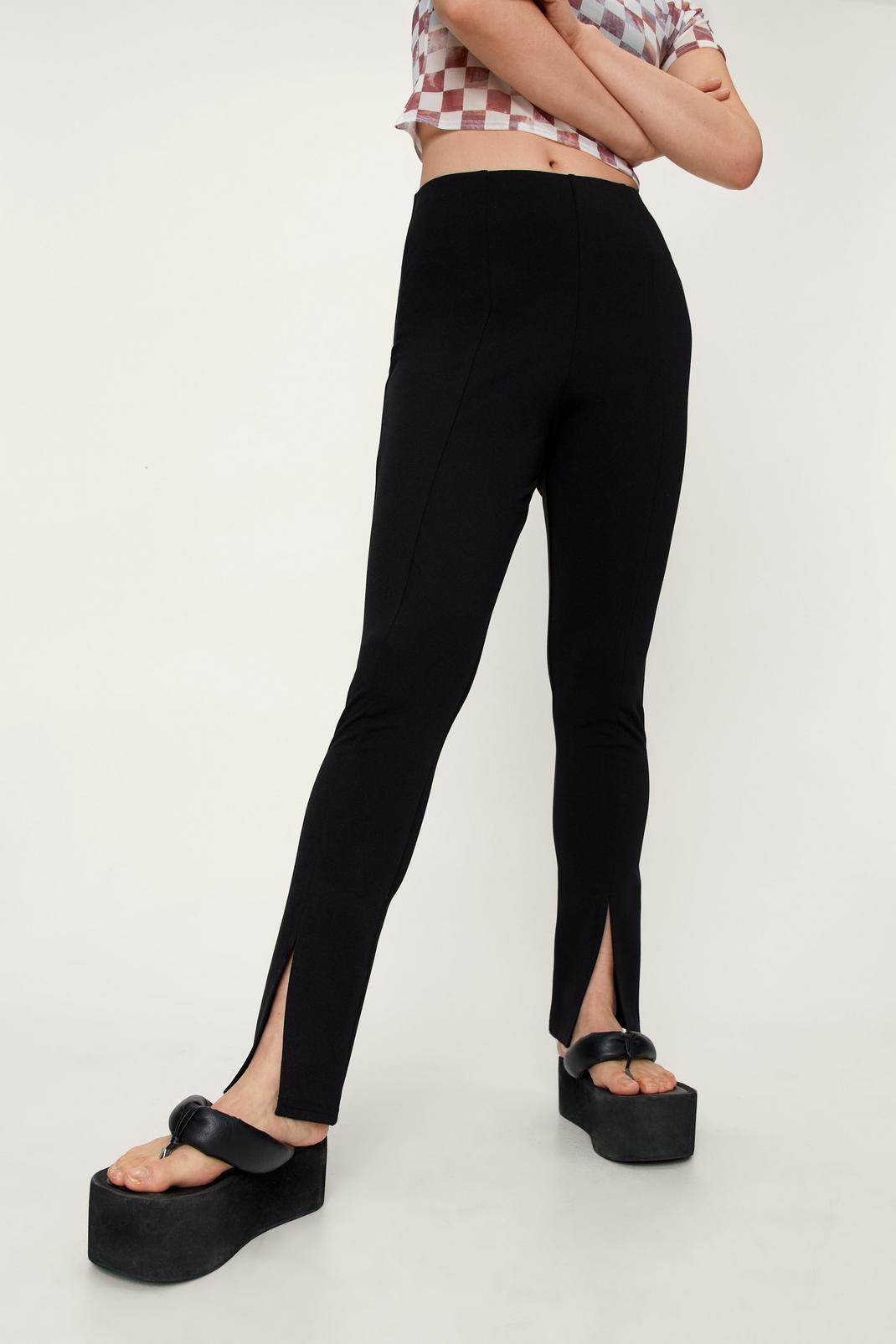 Black Crepe Straight Leg Pants With Front Split image number 1