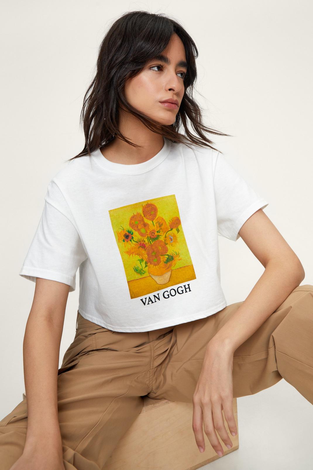 White Van Gogh Sunflower Crop Graphic T-Shirt image number 1