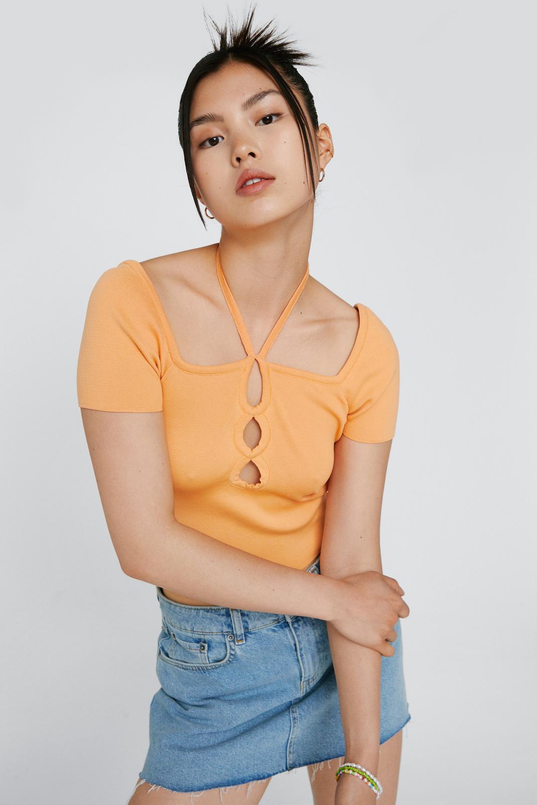 Peach Knitted Cut Out Top image number 1