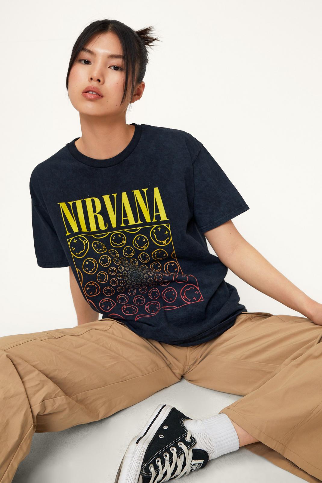 T-shirt délavé imprimé Nirvana, Acid wash black image number 1