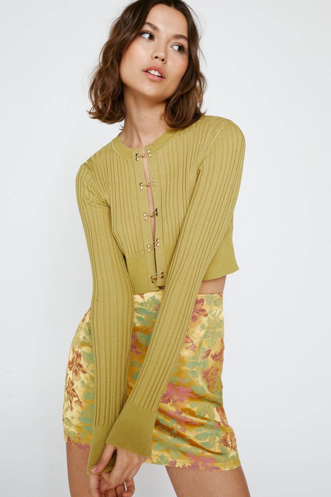 Olive Ribbed Knitted Hard Wear Detail Cardigan image number 1