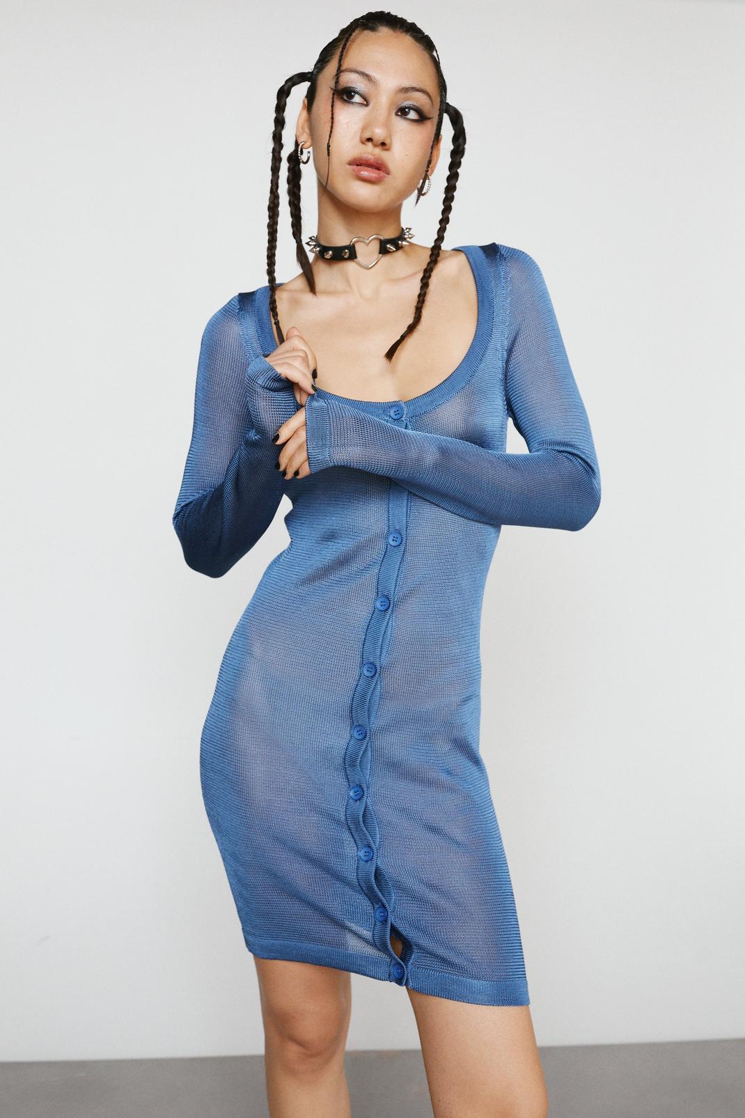 Blue Premium Knit Sheer Stitch Scoop Neck Mini Dress  image number 1